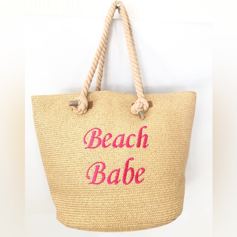 Straw Tote Bag Beach Babe natural /gold Pink medium summer shoulder bag